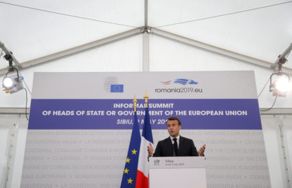 French President Emmanuel Macron speaks during a news conference after the informal meeting of European Union leaders in Sibiu, Romania on May 9, 2019. Photo by Stoyan Nenov/Reuters