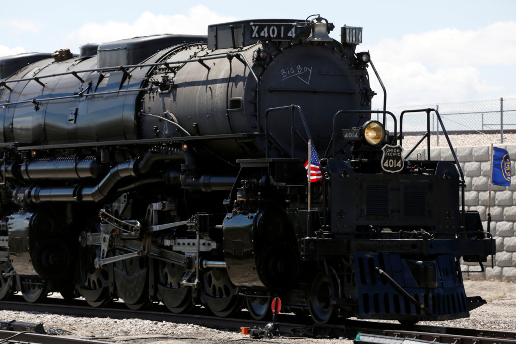 The historic Big Boy No. 4014 steam locomotive idles before the 150th anniversary of the completion of the Transcontinental Railroad at Ogden Union Station in Ogden, Utah, on May 9, 2019. Photo by Terray Sylvester/Reuters