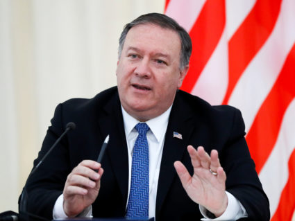 Secretary of State Mike Pompeo gestures during his and Russian Foreign Minister Sergey Lavrov's joint news conference after their talks in the Black Sea resort city of Sochi, Russia May 14, 2019. Photo by Pavel Golovkin/Pool via Reuters