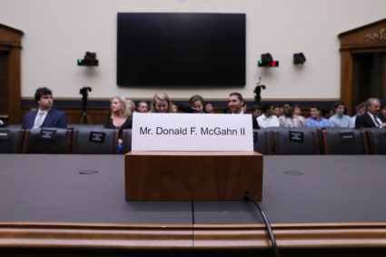 The nameplate of former White House Counsel Donald McGahn, who was scheduled to appear at a House Judiciary Committee hearing titled "Oversight of the Report by Special Counsel Robert S. Mueller III," is seen inside the committee room where McGahn failed to appear on Capitol Hill in Washington, on May 21, 2019. Photo by Jonathan Ernst/Reuters