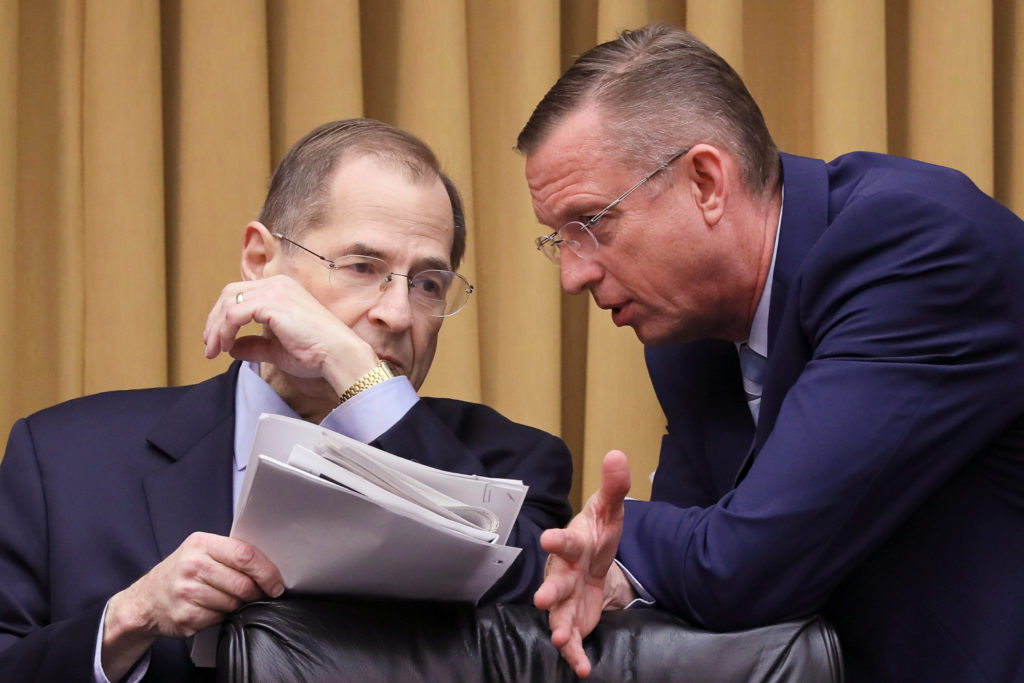 House Judiciary Committee Chairman Jerrold Nadler (D-NY) confers with ranking member Rep. Doug Collins (R-GA) at a House J...