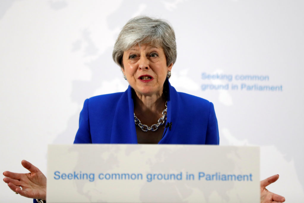 Britain's Prime Minister Theresa May delivers a speech on Brexit in London on May 21, 2019. Photo by Kirsty Wigglesworth/P...