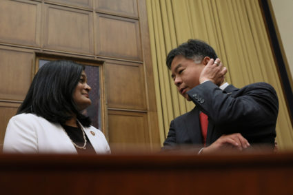 Committee members U.S. Representative Pramila Jayapal (D-WA) and Representative Ted Lieu (D-CA) speak before a House Judiciary Committee hearing on the Mueller Report where the hearing where former White House Counsel Donald McGahn failed to appear on Capitol Hill in Washington, U.S., May 21, 2019. Photo by Jonathan Ernst/Reuters