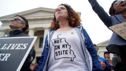 Hundreds of women protest on the steps of the Old Courthouse during a Stop the Abortion Ban Bill Day of Action in St. Louis, Missouri, on May 21, 2019. Photo by Lawrence Bryant/Reuters