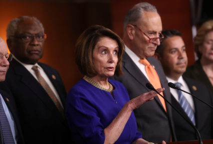 Speaker of the House Nancy Pelosi (D-CA) and Senate Democratic Leader Chuck Schumer (D-NY) speak to the media with House Majority Whip Jim Clyburn (D-SC) and Assistant House Speaker Ben Ray Lujan (D-NM) at their sides after returning to the U.S. Capitol from a meeting with U.S. President Donald Trump at the White House in Washington, on May 22, 2019. Photo by Jonathan Ernst/Reuters