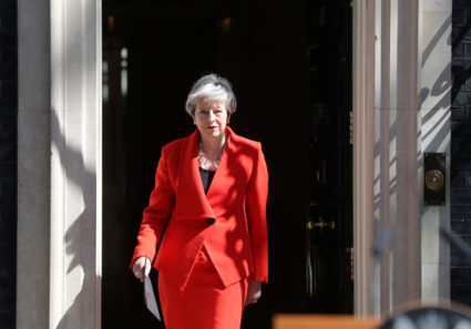 British Prime Minister Theresa May walks out of 10 Downing Street before announcing her resignation. Photo by Simon Dawson/Reuters