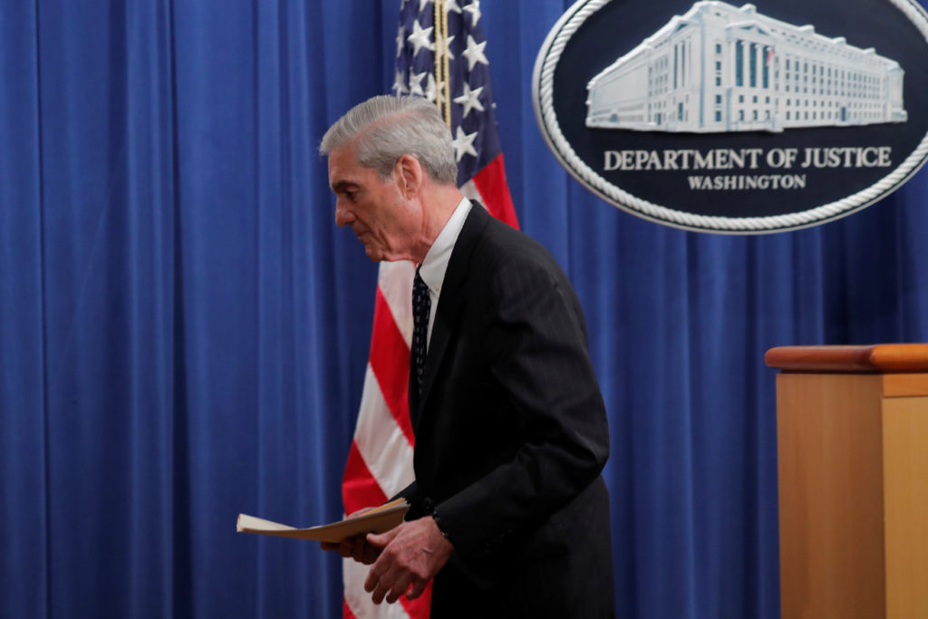 Special counsel Robert Mueller departs after delivering a statement on his investigation into Russian interference in the ...