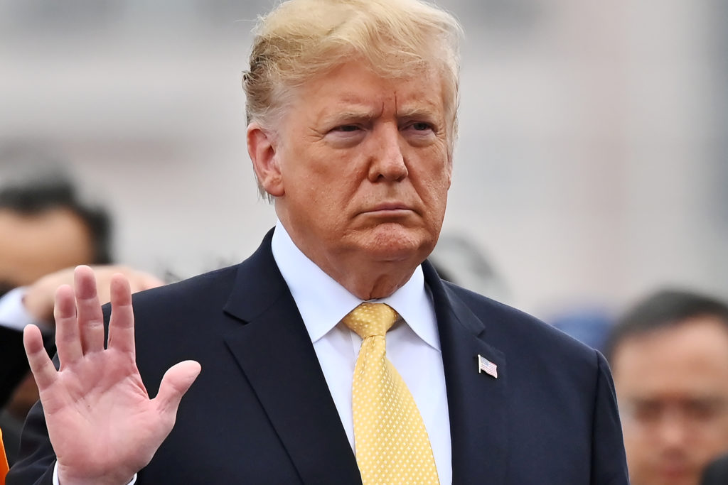 U.S. President Donald Trump arrive onboard the Japan's navy ship Kaga on May 28, 2019 in Yokosuka, Japan. Charly Triballea...