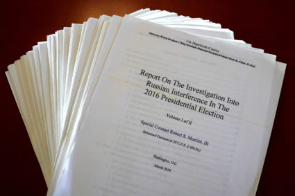 The Mueller Report on the Investigation into Russian Interference in the 2016 Presidential Election is pictured in New York, New York, U.S., April 18, 2019. Photo by REUTERS/Carlo Allegri