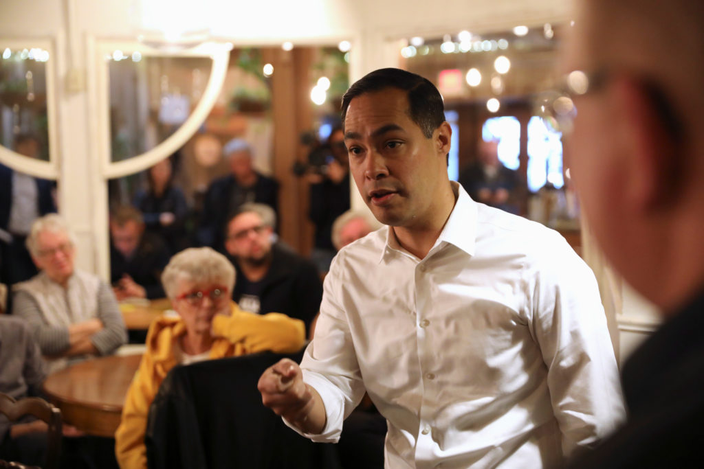 2020 Democratic presidential candidate Julian Castro speaks during a campaign stop at The Livery Deli, in Boone, Iowa, on ...