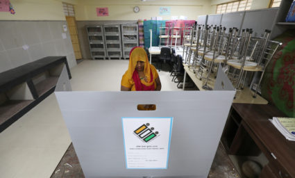 A woman casts her vote at a polling station during the sixth phase of the general election, in New Delhi, India, May 12, 2019. Photo by Anushree Fadnavis/Reuters