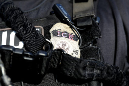 The badge of a U.S. Immigration and Customs Enforcement's (ICE) Fugitive Operations team is seen in Santa Ana, California, on May 11, 2017. File photo by Lucy Nicholson/Reuters