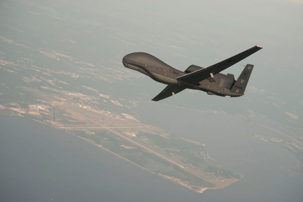 A RQ-4 Global Hawk drone is conducting tests over Naval Air Station Patuxent River, Maryland, U.S. in this undated U.S. Na...