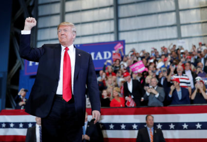 United States President Donald Trump attends a campaign rally, ahead of midterm elections, at Pensacola International Airport in Florida, on November 3, 2018. Trump returns to Florida on Tuesday, June 18, 2019 for his re-election announcement. Photo by Carlos Barria/Reuters