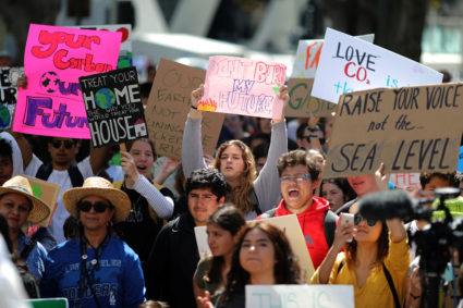 Students attend a protest rally to call for urgent action to slow the pace of climate change, in Los Angeles, California, on March 15, 2019. Photo by Lucy Nicholson/Reuters