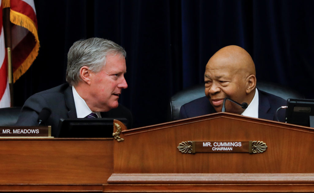 House Oversight and Reform Committee chairman Elijah Cummings (D-MD) confers with Ranking Member Rep Mark Meadows (R-NC) d...