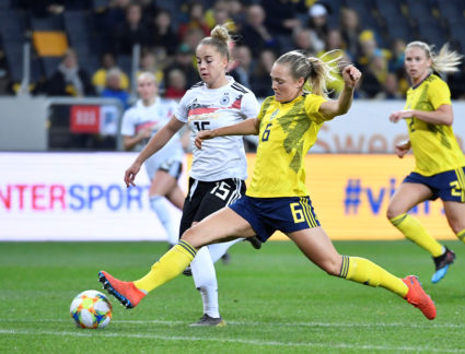 Sweden's Magdalena Eriksson in action with Germany's Giulia Gwinn. Naina Helen Jama/TT News Agency/via Reuters