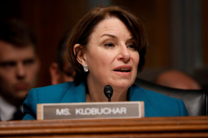 Sen. Amy Klobuchar (D-MN) asks a question as U.S. Attorney General William Barr testifies before a Senate Judiciary Committee hearing entitled "The Justice Department's Investigation of Russian Interference with the 2016 Presidential Election." on Capitol Hill in Washington, U.S., May 1, 2019. Photo by Aaron P. Bernstein/Reuters