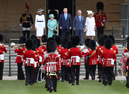 President Donald Trump and First Lady Melania Trump attend a welcome ceremony with Britain's Queen Elizabeth, Prince Charles and Camilla, Duchess of Cornwall, at Buckingham Palace, in London, Britain, June 3, 2019. Photo by Simon Dawson