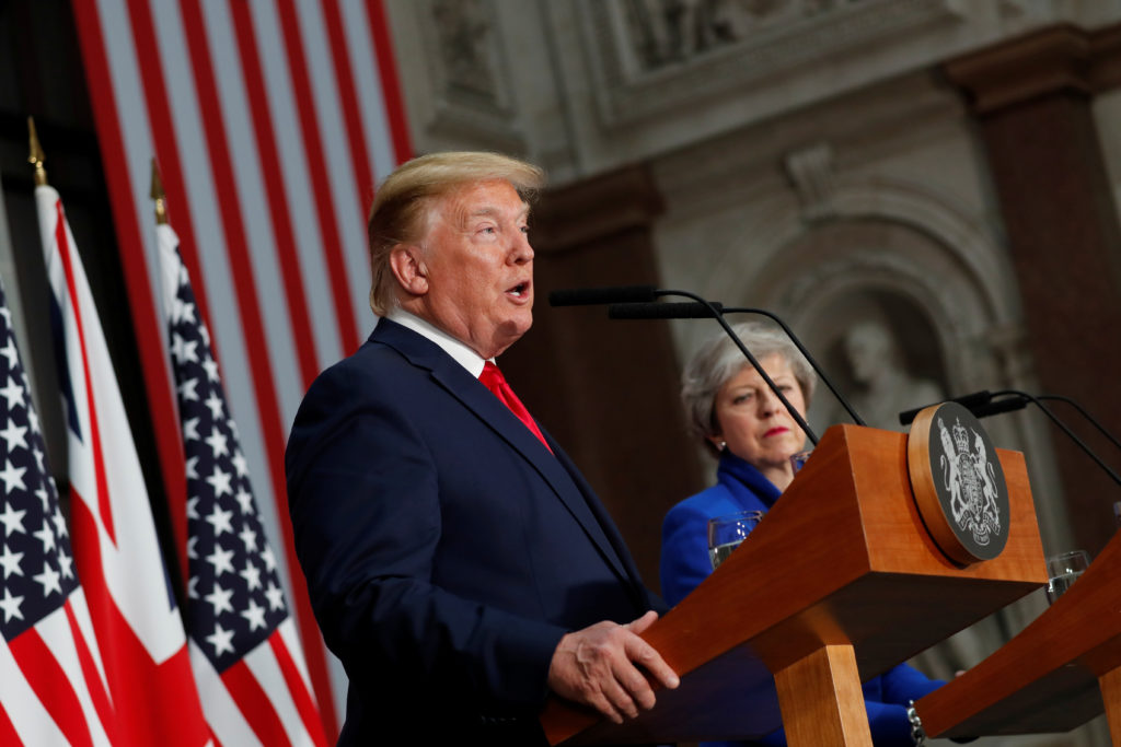 President Donald Trump and Britain's Prime Minister Theresa May hold a joint news conference in London, Britain, June 4, 2...