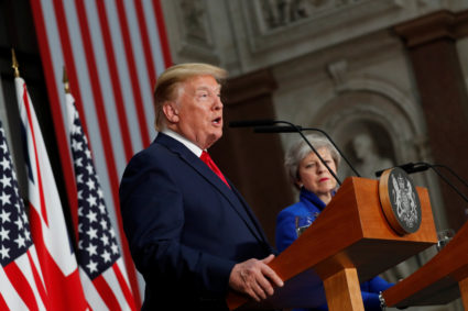 President Donald Trump and Britain's Prime Minister Theresa May hold a joint news conference in London, Britain, June 4, 2019. Photo by Carlos Barria/Reuters