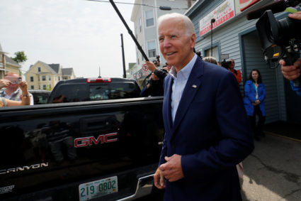 Democratic 2020 U.S. presidential candidate and former Vice President Joe Biden departs after a campaign stop at Chez Vachon restaurant in Manchester, New Hampshire, on June 5, 2019. Photo by Brian Snyder/Reuters