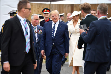 Britain's Prince Charles and U.S. President Donald Trump attend an event to commemorate the 75th anniversary of D-Day, in Portsmouth, Britain June 5, 2019. PHoto by Jeff J Mitchell/Pool via Reuters