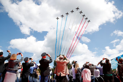 Jets from the French Air Force Patrouille de France fly during a ceremony to mark the 75th anniversary of the D-Day at the Normandy American Cemetery and Memorial in Colleville-sur-Mer, France, June 6, 2019. Photo by Christian Hartmann/Reuters