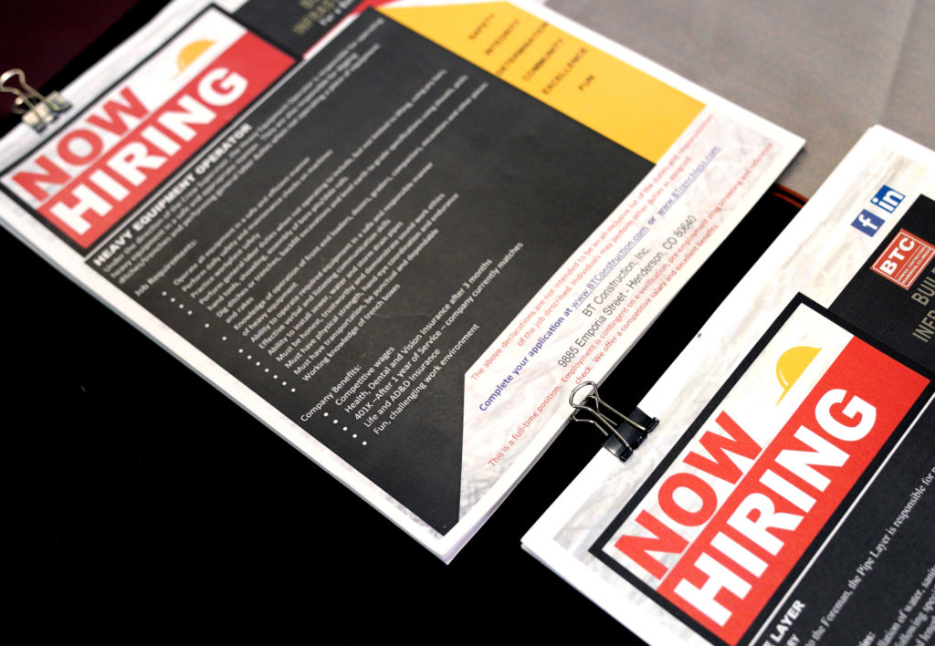 FILE PHOTO: Brochures are displayed for job seekers at the Construction Careers Now! hiring event in Denver, Colorado U.S....