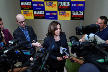 Democratic presidential candidate and U.S. Senator Kamala Harris speaks to the press following a meet and greet for women voters in Birmingham, Alabama, on June 7, 2019. Photo by Elijah Nouvelage/Reuters