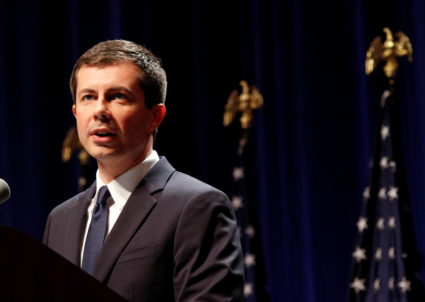 Democratic presidential candidate Mayor Pete Buttigieg delivers remarks on foreign policy and national security, in Bloomington, Indiana on June 11, 2019. Photo by John Sommers II/Reuters