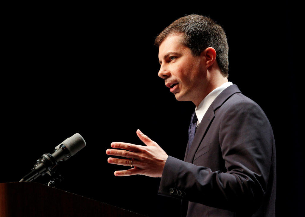 Democratic presidential candidate Mayor Pete Buttigieg delivers remarks on foreign policy and national security, in Bloomi...