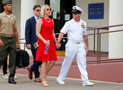 U.S. Navy SEAL Special Operations Chief Edward Gallagher leaves court with his wife Andrea after the first day of jury selection at the court-martial trial at Naval Base San Diego in San Diego, California, on June 17, 2019. Photo by Mike Blake/Reuters