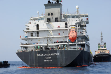 A general view of Japanese-owned Kokuka Courageous tanker off the coast of Fujairah, United Arab Emirates on June 19, 2019. Photo by Abdel Hadi/Reuters