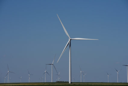 Wind turbines generate power on a farm near Throckmorton, Texas on August 24, 2018. Photo by Nick Oxford/Reuters