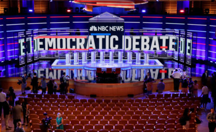 The stage of the first U.S. 2020 presidential election Democratic candidates debate is seen before the first 10 of 20 total Democratic candidates take the stage to start a debate that will be held over the course of two nights at the Adrienne Arsht Performing Arts Center in Miami, on June 26, 2019. Photo by Jim Bourg/Reuters