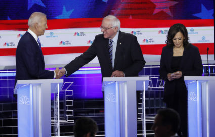 Candidates after the conclusion of the second night of the first U.S. 2020 presidential election Democratic candidates debate in Miami, Florida, U.S.