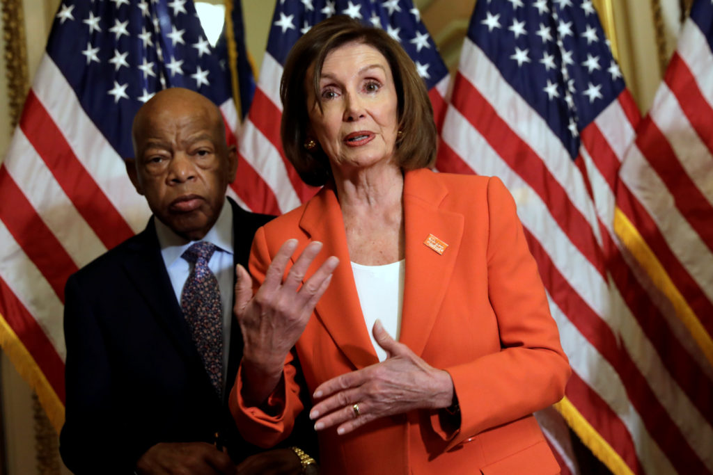 U.S. House Speaker Nancy Pelosi (D-CA) declines questions from journalists about Iran after signing the Taxpayer First Act...