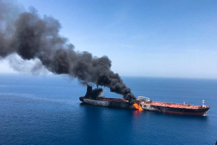 An oil tanker is seen after it was attacked at the Gulf of Oman, June 13, 2019. Photo by ISNA/Handout via Reuters