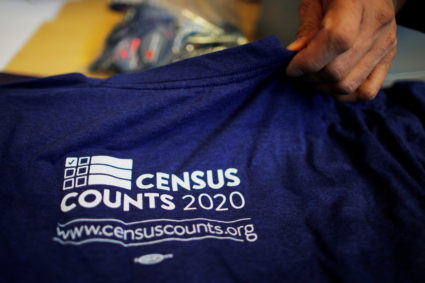 T-shirts are displayed at a community activists and local government leaders event to mark the one-year-out launch of the 2020 Census efforts in Boston, Massachusetts, U.S., April 1, 2019. Photo by REUTERS/Brian Snyder