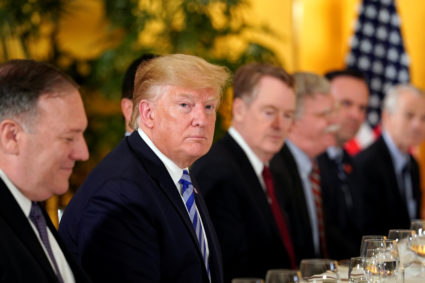 U.S. President Donald Trump attends a bilateral dinner with the Prime Minister of Australia Scott Morrison, ahead of the G20 summit in Osaka, Japan June 27, 2019. Photo by REUTERS/Kevin Lamarque