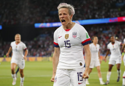 United States forward Megan Rapinoe (15) celebrates after scoring a goal against France in the second half of a quarterfinal match in the FIFA Women's World Cup France 2019 at Parc des Princes. Mandatory Credit: Michael Chow-USA TODAY Sports