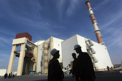 FILE PHOTO: Iranian workers stand in front of the Bushehr nuclear power plant, about 1,200 km (746 miles) south of Tehran October 26, 2010. Photo by Mehr News Agency/Majid Asgaripour/ via Reuters