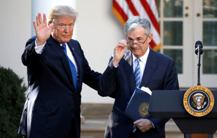 President Donald Trump gestures with Jerome Powell, his nominee to become chairman of the U.S. Federal Reserve at the White House in Washington, on November 2, 2017. Photo by Carlos Barria/Reuters