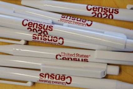 Pens are available at an event for community activists and local government leaders to mark the one-year-out launch of the 2020 census efforts in Boston, Massachusetts, U.S., April 1, 2019. Photo by: Brian Snyder/File Photo, Reuters