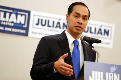 Former HUD Secretary and Democratic presidential candidate Julian Castro speaks to members of the media the morning after participating in the first U.S. 2020 presidential election Democratic candidates debate in Miami, Florida, on June 27, 2019. Photo by Mike Segar/Reuters