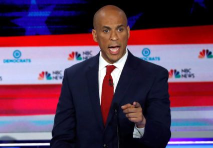Sen. Cory Booker speaks at the first U.S. 2020 presidential election Democratic candidates debate in Miami, Florida, on June 26, 2019. Photo by Mike Segar/Reuters