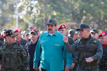 Venezuela's President Nicolas Maduro speaks with Venezuela's Defense Minister Vladimir Padrino Lopez and Remigio Ceballos Strategic Operational Commander of the Bolivarian National Armed Forces, during a military exercise in Valencia, Venezuela January 27, 2019. Photo courtesy: Miraflores Palace/Handout via Reuters