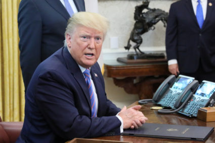 President Donald Trump speaks while participating in a border funding legislation signing ceremony in the Oval Office of the White House on July 1, 2019. Photo by Jonathan Ernst/Reuters