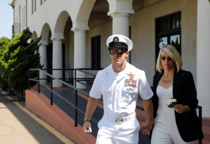 U.S. Navy SEAL Special Operations Chief Edward Gallagher leaves for a lunch break with wife Andrea Gallagher from his court-martial trial at Naval Base San Diego in San Diego, California on July 2, 2019. Photo by John Gastaldo/Reuters
